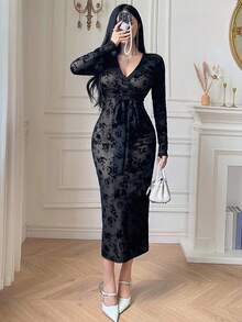 xheDAZY Vestido largo ajustado con cuello en V y estampado floral con efecto flockado, elegante y sexyxhe - Negro - Ver 4