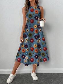 SHEIN LUNE Women's Casual Printed Mid-Length Dress, Suitable For Spring/Summer - Dusty Blue - View 6