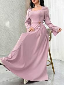 Modelyn Vestido elegante de longitud media con cuello de corazón, manga larga y adornos de rhinestones en unicolor para mujer