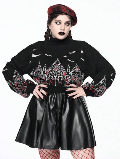 Goth Suéter de cuello alto de talla grande para mujer con patrón de castillo y cruz, de color contrastante, estilo gótico navideño