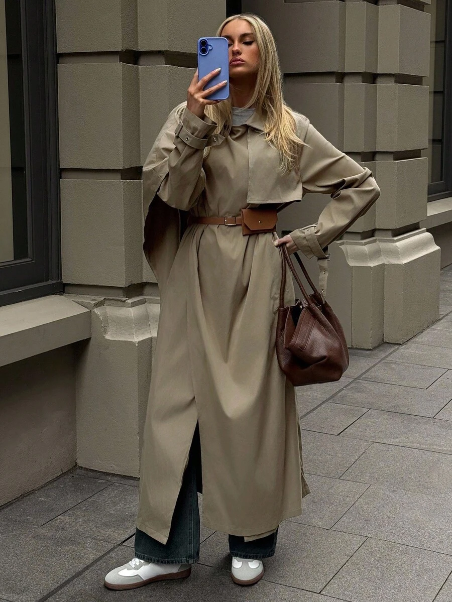 Aloruh 女式休闲裹领收腰长款风衣，秋冬 - 卡其色 - 查看 1