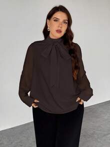 SHEIN Privé Plus Size Elegant Bow Tie Cuff Long Sleeve Brown Blouse, Basic Workwear Top, Suitable For Office Wear, Spring/Autumn Brown Blouse For Women