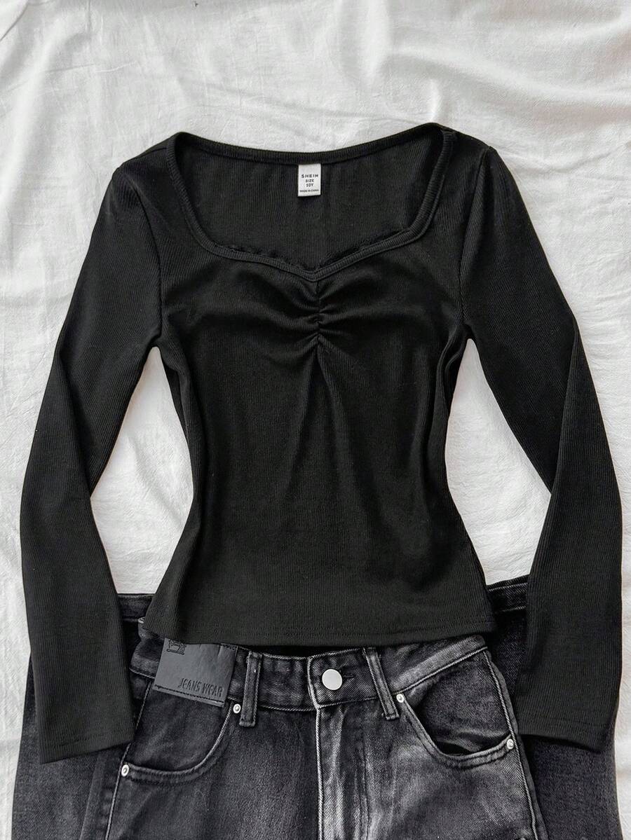 少女蕾丝边弹力修身罗纹长袖T恤，黑色，适合青少年女孩，可爱黑色上衣，少女哥特风长袖上衣，娃娃款长袖上衣，适合春季/秋季/圣诞节/假日/家庭日/新年/返校季穿着 - 黑色 - 查看 1