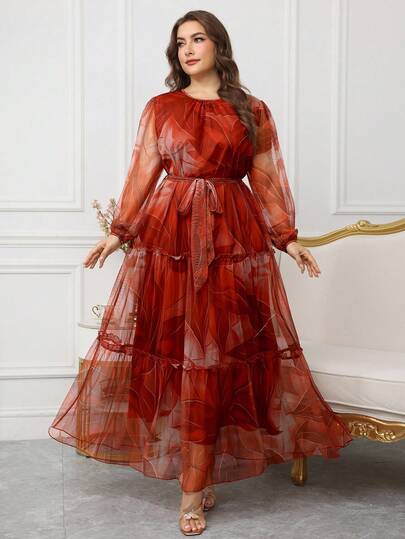 Graceveil Vestido de manga larga con estampado floral de malla en estilo árabe para tallas grandes