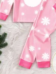 SHEIN 1 Set Young Girls Christmas Santa Claus Print Contrast Color Collar & Cuffs Design Pajamas, Snug Fit Comfortable Knit Long Sleeve Top And Pants, Sleepwear Loungewea R Snug Fit Christmas Pajamas Kids