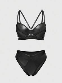 ROMWE Grunge Punk Bộ đồ lót nữ lót PU có gọng và quần lót tam giác phong cách Punk tối màu - màu đen - Xem 1