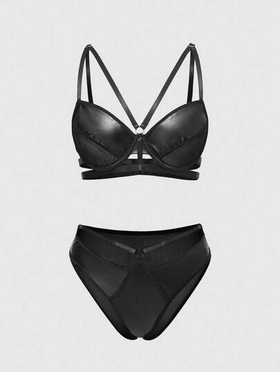 ROMWE Grunge Punk Bộ đồ lót nữ lót PU có gọng và quần lót tam giác phong cách Punk tối màu