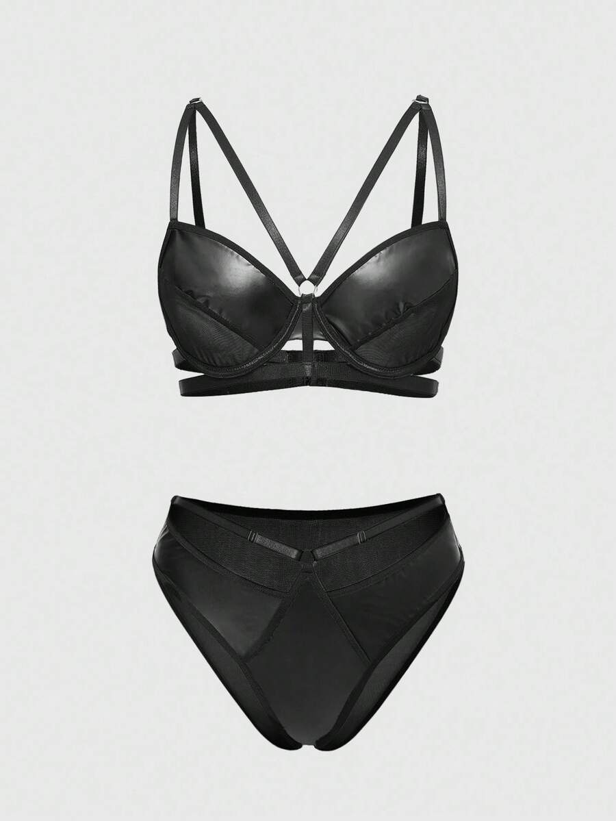 ROMWE Grunge Punk Bộ đồ lót nữ lót PU có gọng và quần lót tam giác phong cách Punk tối màu - màu đen - Xem 1