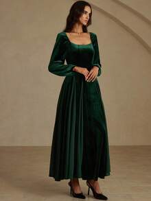SHEIN LUNE Autumn English Style Korean Fleece & Pearl Chiffon Hem Splice Oversized Swing Long Sleeve Dress - Multicolor - View 3
