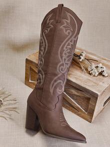 SHUZIA #WesternClassic Women's Retro Embroidery Pattern Snip Toe Block Heel Knee High Nub Brown Cowboy Boots-Sleek Silhouette With Timeless Rodeo Appeal For Christmas