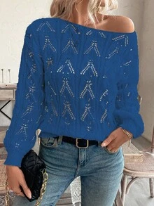 EMERY ROSE Vacation Style Casual Hollow Floral Pattern Off Shoulder Loose Pullover Sweater