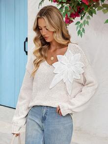 Vivid Eden Women's Fashionable & Elegant 3D Floral Decor Sweater, 3d Flower Sweater, Women Sweaters,Casual,Bohemian,Boho Chic,Western Autumn Winter - Khaki - View 7