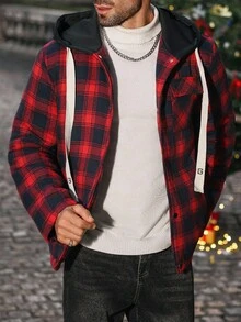 Manfinity CasualCool Men's Casual Plaid Button-Up Drawstring Hooded Padded Coat, Autumn, Christmas