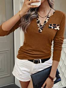 EMERY ROSE 女士纯色豹纹拼接简约日常翻领长袖T恤，印花猎豹图案，春季女式上衣 - 棕色 - 查看 4