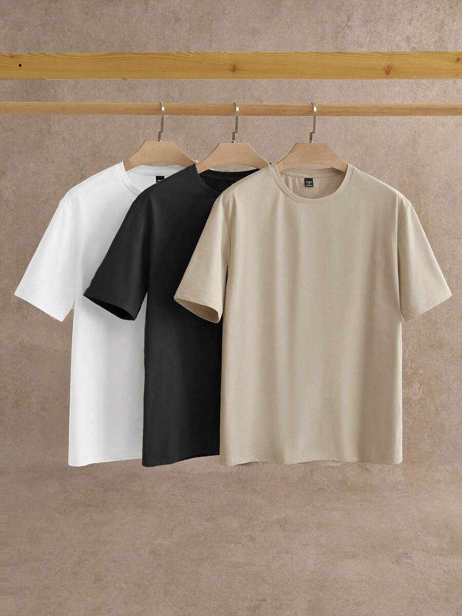 HIMLAND 3pcs Pack Men's Summer Solid Color Round Neck Short Sleeve Casual T-Shirt