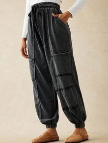 Boho Mama Maternity Solid Color High Waist Drawstring Casual Jogger Pants Comfy Joggers For Women Parachute Baggy Loose Black - Dark Grey - View 2