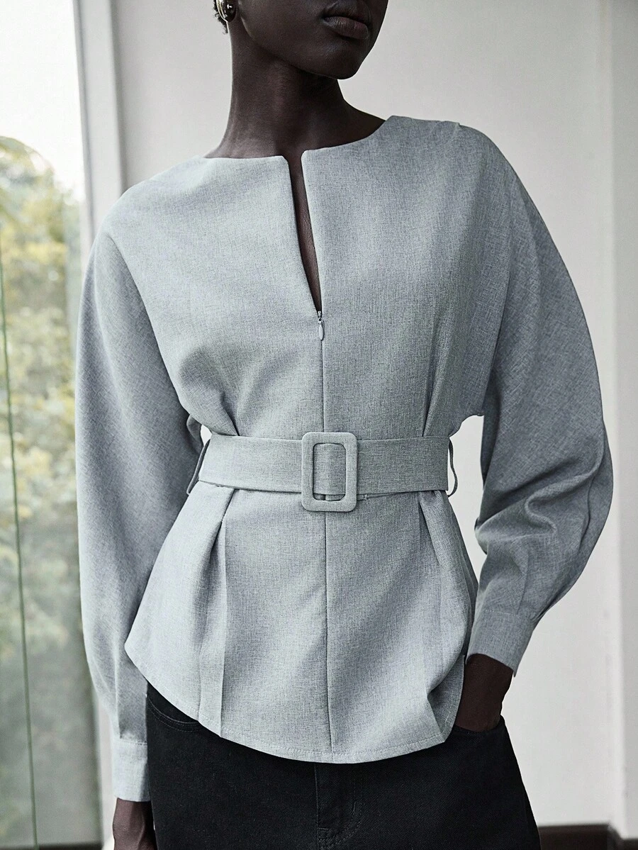 Lumivelle 女式都市时尚休闲通勤七分袖不对称下摆衬衫 - 灰色 - 查看 1