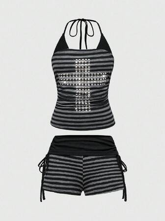 Grunge Punk Ensemble 2 pièces rayé punk grunge casual Y2K, orné de strass croisés pour femmes