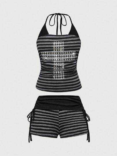 Grunge Punk Y2K gestreifter Punk Grunge Lässig 2-teiliges Set für Frauen, mit Kreuz-Strass-Verzierung
