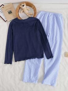 2 件女童海军蓝罗纹面料印花蝴蝶结上衣，搭配海军蓝和白色格子宽松裤，可爱休闲睡衣套装 - 彩色 - 查看 2