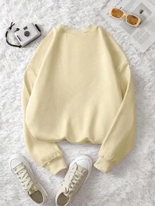 INAWLY 女式休闲卡通猫刺绣圆领长袖羊毛运动衫，秋冬 - 杏色 - 查看 2