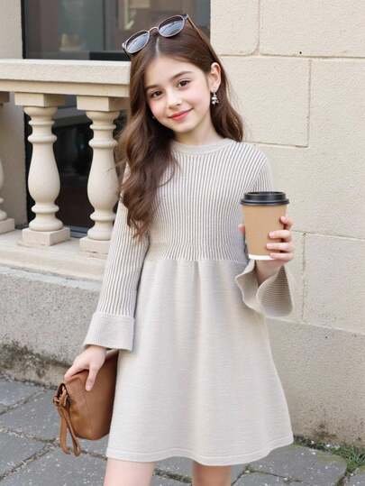 SHEIN Girls' Stylish Floral Mesh Round Neck Ruffle Hem Long Sleeve A-Line Maxi Dress, Girls' Dress, 2025 Autumn/Winter New Korean Version Children's Solid Color Knitted Princess Dress, Toddler Warm & Cute Sweater Dress Fall