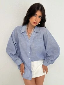 Rafferiza 女士休闲棉混纺条纹宽松中长衬衫，春秋 - 藍白色 - 查看 3