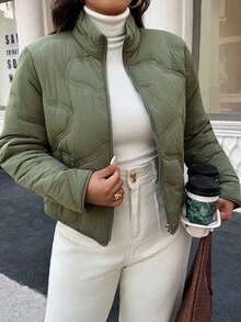Easura Plus Size Women's Solid Color Long Sleeve Zipper Front Casual Winter Jacket Fall Autumn - Green - View 4