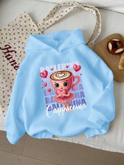 Young Girl' Italian Brainrot Ballerina Cappuccino Cup Graphic Hoodie Sweatshirt, Cute & Fun Print Pullover Suitable For Autumn/Winter