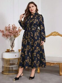 Modelyn Plus Size Casual Full Print Shirt Dress For Spring & Autumn, Elegant A Line Dresses, For Casual Daily/Travel/Work/Party Maxi Women Outfit Fall - Navy Blue - View 6