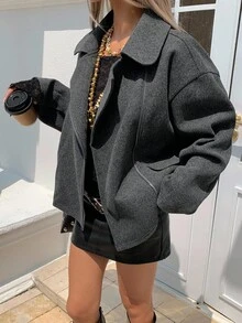 DAZY 女士纯色翻领长袖宽松休闲常规外套，秋冬女式大衣 - 灰色 - 查看 4