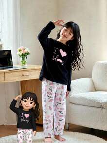 2pcs Girls Casual Comfortable Pajama Set With Pink Heart & Eyelash Print, Long Pants And Long Sleeve Kawaii Pajamas Fall Winter - Multicolor - View 6