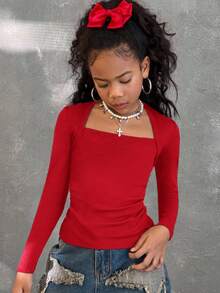 Coolane Tween Girls T-Shirt With Queen Anne Neckline For Everyday Casual Style Long Sleeve,Fall/Winter,Halloween ,Christmas,Party,Graduation ,Elegant - Red - View 1