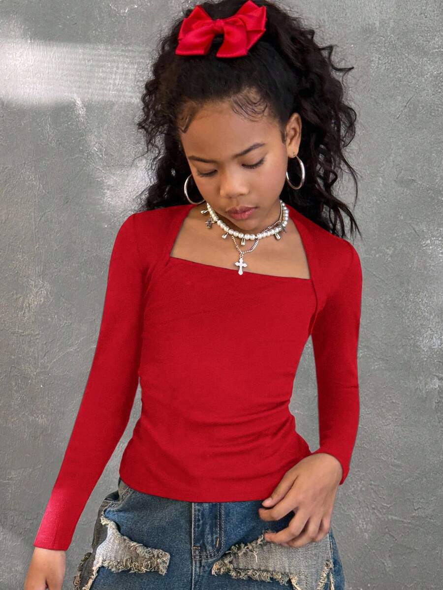 Coolane Tween Girls T-Shirt With Queen Anne Neckline For Everyday Casual Style Long Sleeve,Fall/Winter,Halloween ,Christmas,Party,Graduation ,Elegant - Red - View 1