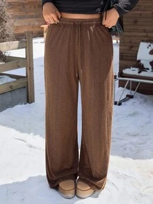 SHEIN EZwear Plus Size Women Drawstring Waist Wide Leg Loose Casual Brown Fuzzy Pants Knit Pants Elastic Waist Pants Brown Pants For Women Casual Pants - Brown - View 1
