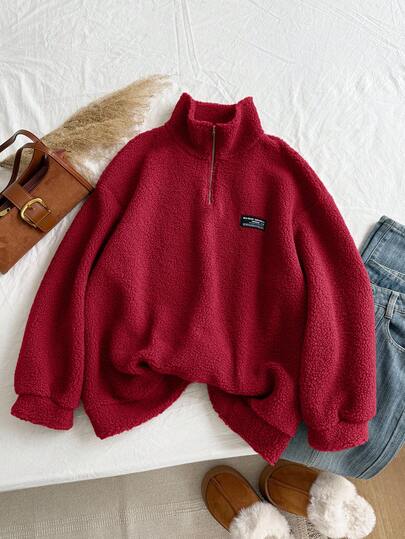 Comfortcana Plus Size Women Letter Graphic Zip-Up Half Placket Casual Thick Fleece Hoodie, Autumn/Winter