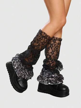 Grunge Punk 1 Pair Y2K Inspired Leopard Print Lace Leg Warmers With Strap, Multi-Layer Ruffle Animal Print Lace Trim Stockings, Personalized Subculture Lace Patchwork Organza Leg Warmers
