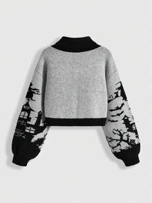 ROMWE Áo len dệt kim cổ lọ họa tiết mèo đen phong cách Halloween Gothic tương phản cổ điển dành cho nữ - màu đen - Xem 2