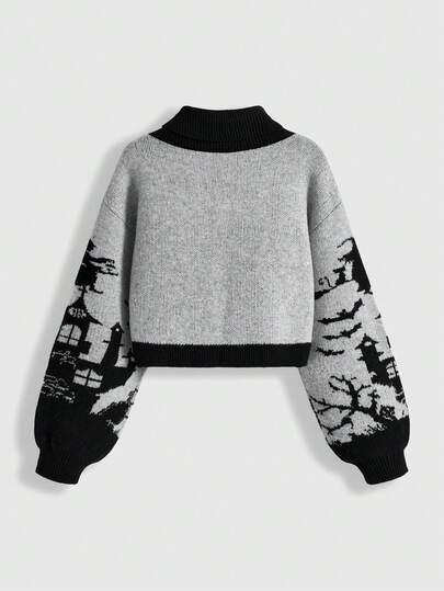 Goth Pull tricoté à col roulé gothique rétro pour femmes, avec motif de château, chat noir et contraste de couleurs pour Halloween