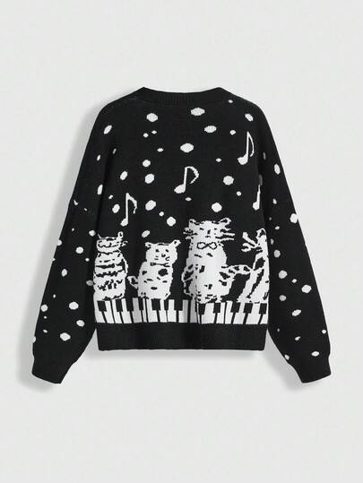 ROMWE Avant pull décontracté à manches longues et épaules tombantes pour femmes, avec motif jacquard de notes de musique et chat mignon