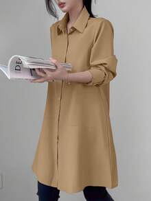 SHEIN Unity Women's Casual Solid Color Long Sleeve Mid-Length Shirt Fall Cloth For Women - Khaki - View 6