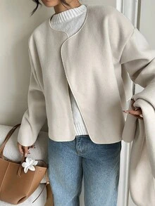 SHEIN EZwear Women's Winter Coat Beige Winter Coat Women Old Money Women's Casual Solid Color Wool Blend Jacket, Autumn/Winter Winter Clothes Women - Apricot - View 7