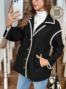 LanaWest 女士西部波西米亚风黑色龙凤图案布料领肩部刺绣花卉饰边长袖外套 - 黑色 - 查看 3