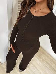 SHEIN 孕妇纯色前扣吊带背心和连体裤套装 - 棕色 - 查看 7