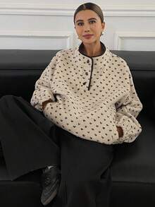 Livesso Women's Autumn Sherpa Allover Print Button Half Placket Casual Loose Sweatshirt