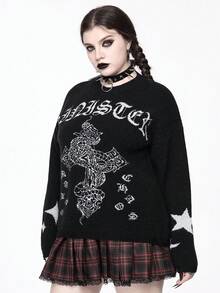 ROMWE Pullover gothique grande taille motif croix serpent latin symbole étoile lune noir, Top de style gothique de rue grande taille pour l'automne/hiver en noir, pullover tricoté grande taille à manches longues en noir, gilet tricoté grande taille pour l'automne/hiver, vêtements grande taille pour femmes pour Halloween, Noël, vacances, style gothique, décontracté, streetwear, pull grande taille pour femmes - Noir - Voir 5