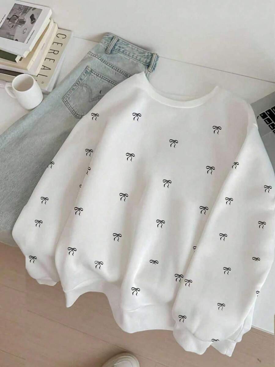 青少年女孩蝴蝶結印花長袖圓領運動衫,白色,舒適休閒可愛穿搭,適合戶外活動,秋冬生日禮物 - 白色 - 查看 1