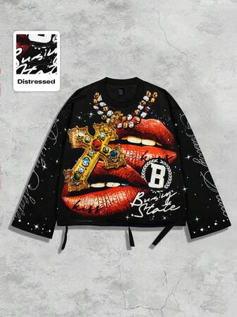 Street Life Vintage Street Style Distressed Saint Graphic Long Sleeve Crew Neck Men T-Shirt, Fall