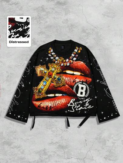 Street Life Vintage Street Style Distressed Saint Graphic Long Sleeve Crew Neck Men T-Shirt, Fall