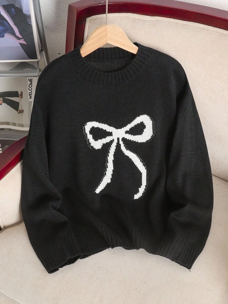 SHEIN Tween Girls' Loose Casual Minimalist Comfortable Round Neck Pullover Bow Graphic Long Sleeve Sweater - Black and White - View 1